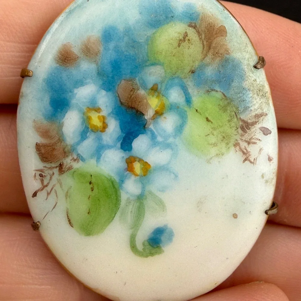 Vintage Victorian Hand Painted Floral Brooch Blue Enamel Oval Brass Tone